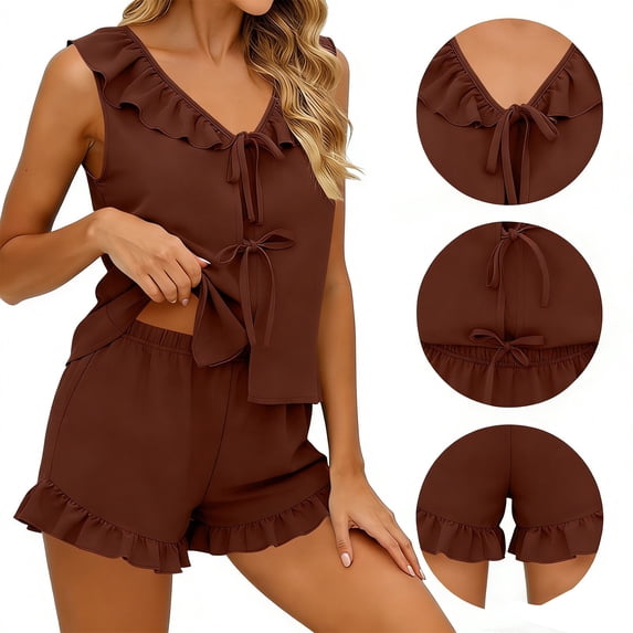 Womens 2 Piece Pajamas Set Ruffle Sleeveless V Neck Lace-up Tank Top & Shorts with Pockets Summer Loungewear (XL, Brown)