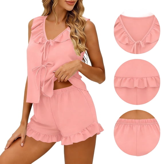 Womens 2 Piece Pajamas Set Ruffle Sleeveless V Neck Lace-up Tank Top & Shorts with Pockets Summer Loungewear (XL, Pink)