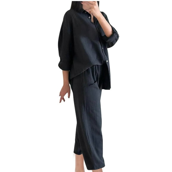 Womens 2 Piece Pajamas Sets Long Sleeve Button Down Sleepwear and Pants Loungewear Solid Color Nightwear Outfits (Black 3XL)