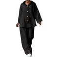 thumbnail image 1 of Womens 2 Piece Pajamas Sets Long Sleeve Button Down Sleepwear and Pants Loungewear Solid Color Nightwear Outfits (Black M), 1 of 2