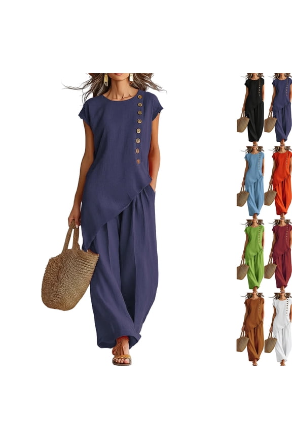 Womens 2 Piece Pants Set Button Side Asymmetrical Tunic Top Sets Wide Leg Summer Beach Vacation Outfit with Pockets Navy S
