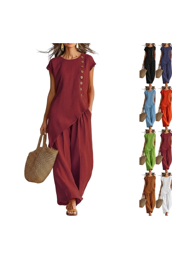Womens 2 Piece Pants Set Button Side Asymmetrical Tunic Top Sets Wide Leg Summer Beach Vacation Outfit with Pockets Wine S