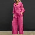thumbnail image 1 of Womens 2 Piece Plus Size Set Lapel V Neck Button Down Shirts Wide Leg Pants with Pockets Loose Casual Suit (M, Hot Pink), 1 of 6