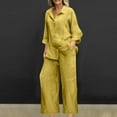 thumbnail image 1 of Womens 2 Piece Plus Size Set Lapel V Neck Button Down Shirts Wide Leg Pants with Pockets Loose Casual Suit (XL, Yellow), 1 of 6