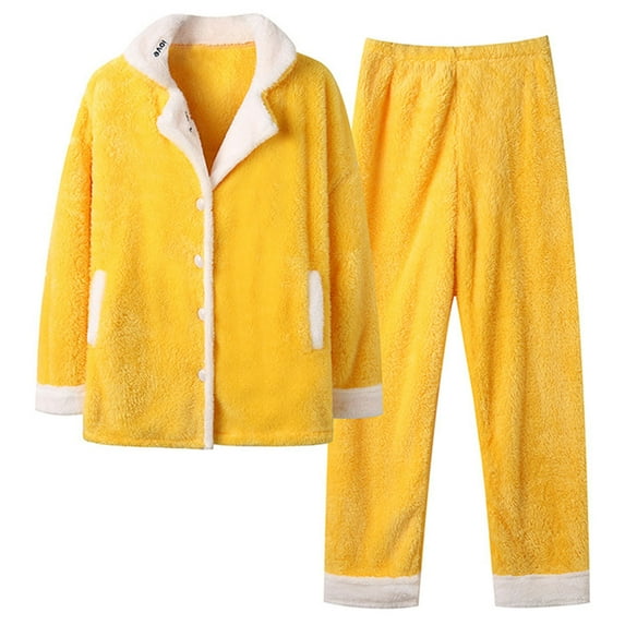 Womens 2 Piece Plush Lounge Sets Winter Warm Homewear Outfits Fleece Button Up Thermal Shirt and Pant Suits (XL, Yellow)