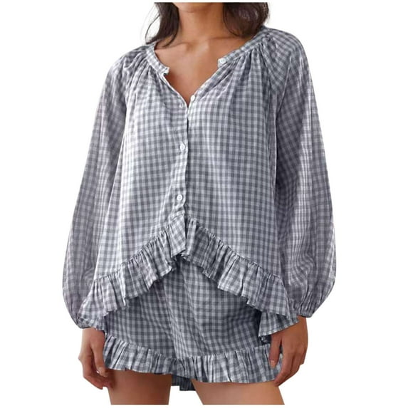 Womens 2 Piece Ruffle Pajama Set Gingham Pjs Short Sleeve Babydoll Shirt and Shorts Plaid Y2K Lounge Summer Outfits