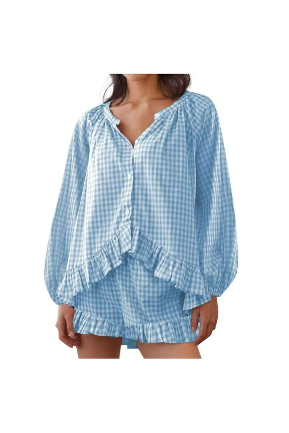 Womens 2 Piece Ruffle Pajama Set Gingham Pjs Short Sleeve Babydoll Shirt and Shorts Plaid Y2K Lounge Summer Outfits