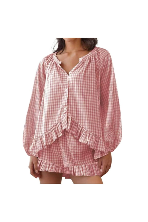 Womens 2 Piece Ruffle Pajama Set Gingham Pjs Short Sleeve Babydoll Shirt and Shorts Plaid Y2K Lounge Summer Outfits