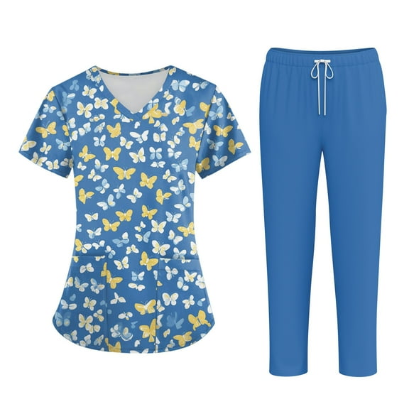 Womens 2 Piece Scrubs Set V-Neck Short Sleeve Tops & Drawstring Jogger Scrub Pants Stretch Nursing Scrubs Set Work Uniform with Pockets 03-Blue