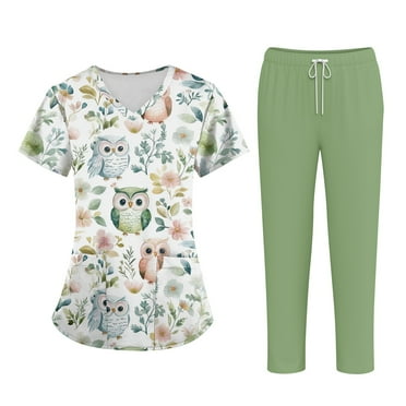 Womens 2 Piece Scrubs Set V-Neck Short Sleeve Tops & Drawstring Jogger Scrub Pants Stretch Nursing Scrubs Set Work Uniform with Pockets 03-Green