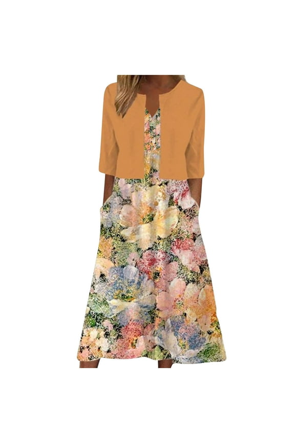 Womens 2 Piece Set Bohemian Floral Print Midi Dress with Jacket Cardigan Wedding Guest Floral Print Midi Dresses
