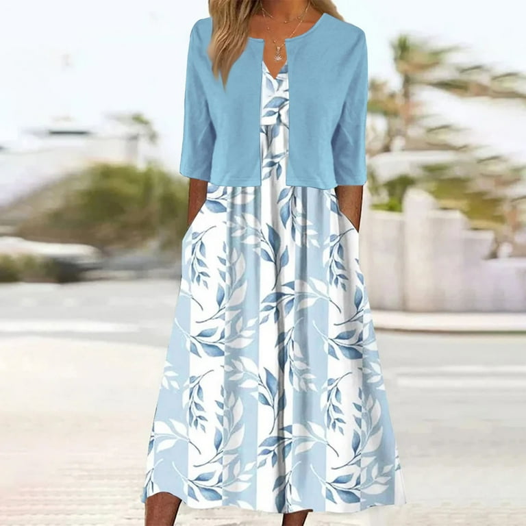 Womens Piece Set Fashion Unique Plant Print Midi Dress with