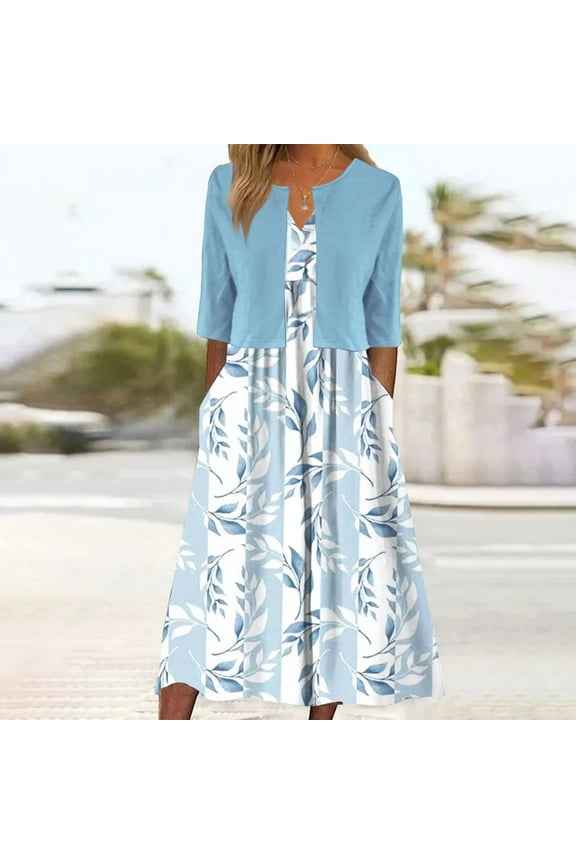 Womens 2 Piece Set Fashion Unique Plant Print Midi Dress with Jacket Cardigan Wedding Guest Floral Print Midi Dresses