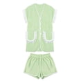 thumbnail image 1 of Womens 2 Piece Set Fringed Trim Short Sleeve Vneck Button Up Top Shorts Lounge Set with Pockets Blue L, 1 of 7