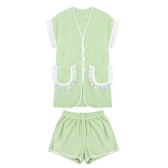 Womens 2 Piece Set Fringed Trim Short Sleeve Vneck Button Up Top Shorts Lounge Set with Pockets Blue L
