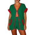thumbnail image 1 of Womens 2 Piece Set Fringed Trim Short Sleeve Vneck Button Up Top Shorts Lounge Set with Pockets Green S, 1 of 8
