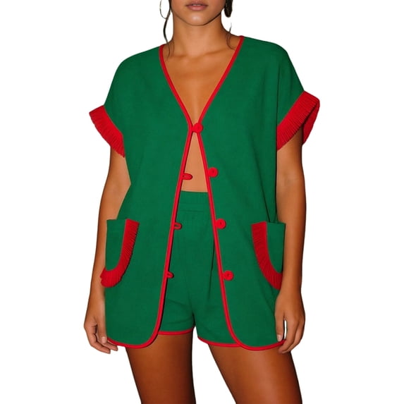 Womens 2 Piece Set Fringed Trim Short Sleeve Vneck Button Up Top Shorts Lounge Set with Pockets Green S