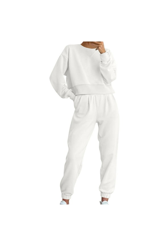 Womens 2 Piece Set Solid Color Classic Versatile Shirt Straight Pants Set Long Sleeved Round Neck Shirt Set Tracksuit Lounge Set 2025 Clothes White S