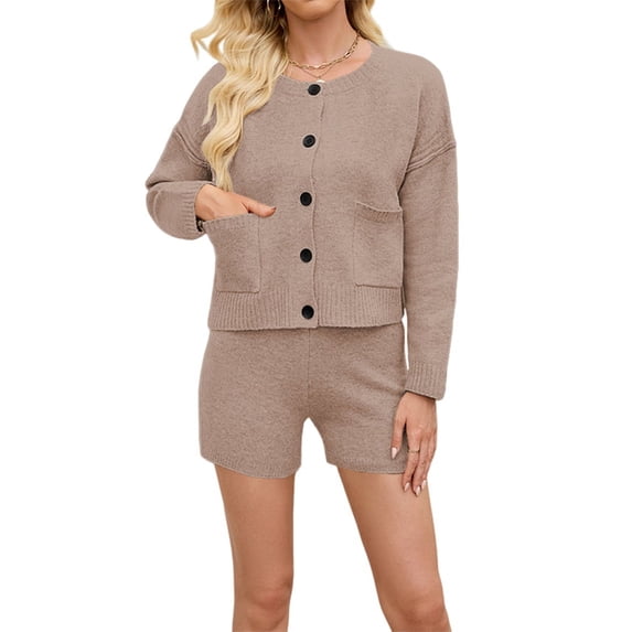 Womens 2 Piece Set Sweater Outfits Long Sleeve Crew Neck Button Cardigan Casual Knit High Waist Lounge Set Khaki S