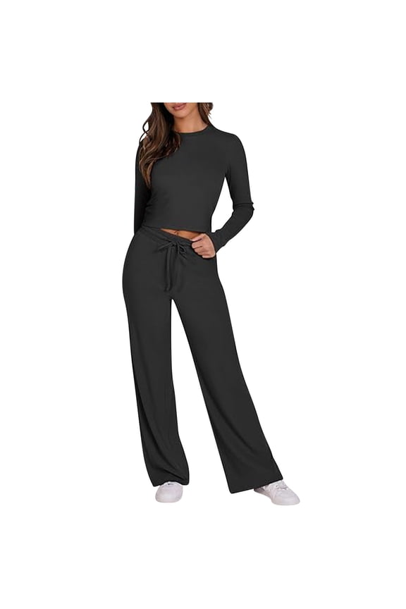 Womens 2 Piece Sets Casual Loose Round Neck Long Sleeve Crop Tops Drawstring Flare Pants Ribbed Knit Matching Set 2025 Fall Outfits,Black,L