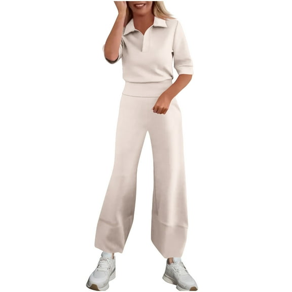 Womens 2 Piece Sets Casual Sets High Waisted Spring Summer Lapel Casual Solid Color Short Sleeved Wide Leg Pantsuit