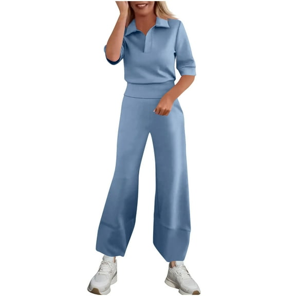 Womens 2 Piece Sets Casual Sets High Waisted Spring Summer Lapel Casual Solid Color Short Sleeved Wide Leg Pantsuit