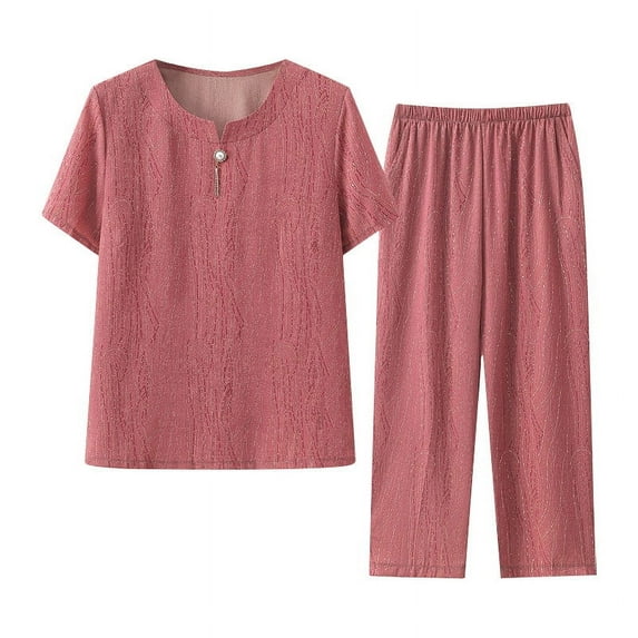 Womens 2 Piece Sets Casual Summer Sets Thin New Solid Color Short Sleeved Crew Neck Pants Pocket Set