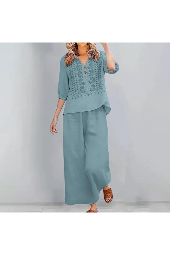 Womens 2 Piece Sets Cotton Linen Boho 3/4 Sleeve Embroidered Tops Wide Leg Palazzo Pants Matching Summer Casual Gauze Outfits