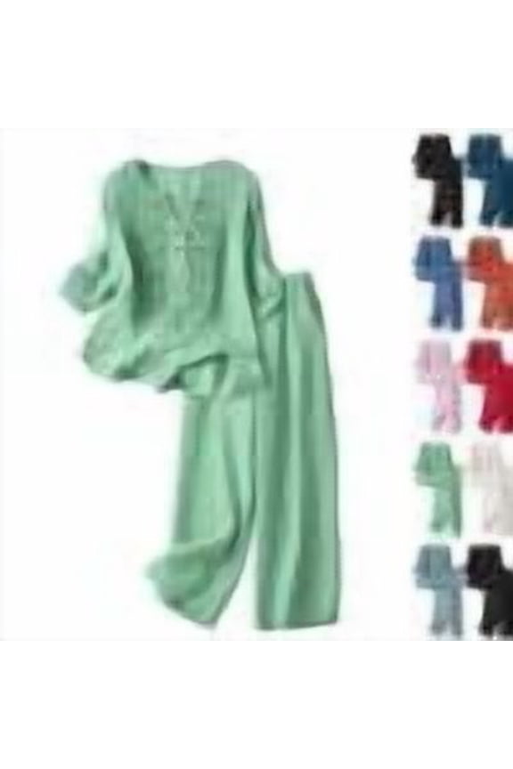 Womens 2 Piece Sets Cotton Linen Boho Embroidered Tops Wide Leg Palazzo Pants Matching Summer Casual Gauze Outfits,Light Green,XL