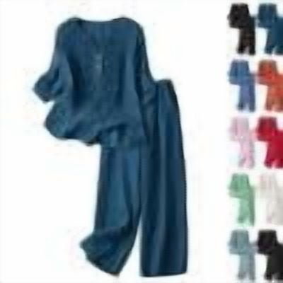 Womens 2 Piece Sets Cotton Linen Boho Embroidered Tops Wide Leg Palazzo Pants Matching Summer Casual Gauze Outfits,Navy,L