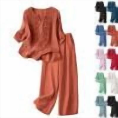Womens 2 Piece Sets Cotton Linen Boho Embroidered Tops Wide Leg Palazzo Pants Matching Summer Casual Gauze Outfits,Saffron,2XL