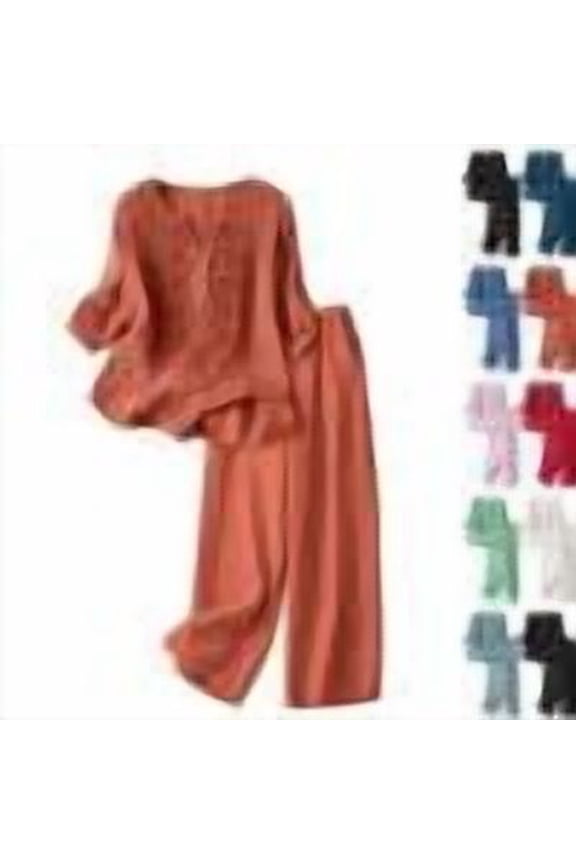 Womens 2 Piece Sets Cotton Linen Boho Embroidered Tops Wide Leg Palazzo Pants Matching Summer Casual Gauze Outfits,Saffron,XL