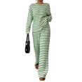 thumbnail image 1 of Domzest Womens 2 Piece Sets Crew Neck Long Sleeve Striped Blouse Matching Elastic High WaistWide Leg Pants Casual Spring Fall Outfits Green XXL, 1 of 6