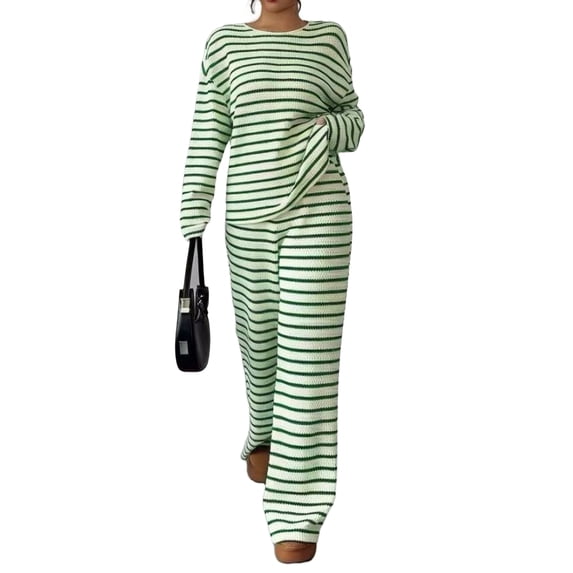 Domzest Womens 2 Piece Sets Crew Neck Long Sleeve Striped Blouse Matching Elastic High WaistWide Leg Pants Casual Spring Fall Outfits Green XXL