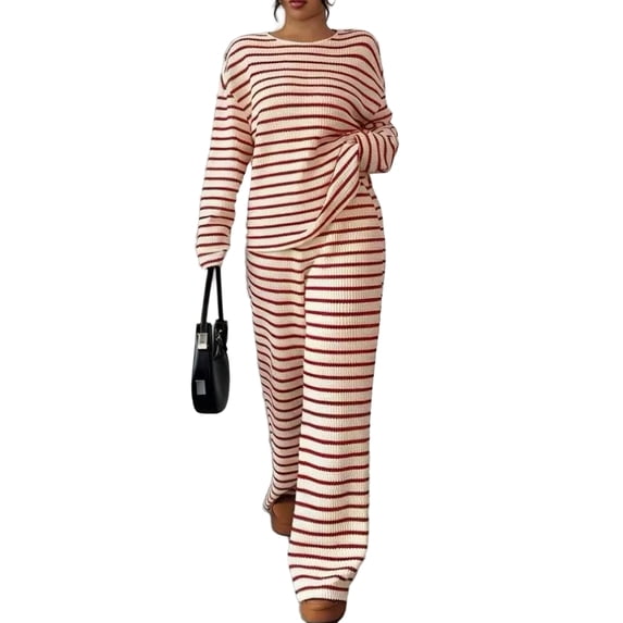 Domzest Womens 2 Piece Sets Crew Neck Long Sleeve Striped Blouse Matching Elastic High WaistWide Leg Pants Casual Spring Fall Outfits Red M