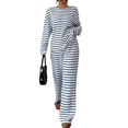 thumbnail image 1 of Domzest Womens 2 Piece Sets Crew Neck Long Sleeve Striped Blouse Matching Elastic High WaistWide Leg Pants Casual Spring Fall Outfits Blue XL, 1 of 6