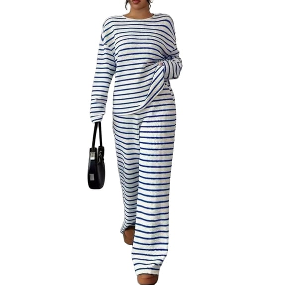 Domzest Womens 2 Piece Sets Crew Neck Long Sleeve Striped Blouse Matching Elastic High WaistWide Leg Pants Casual Spring Fall Outfits Blue XL