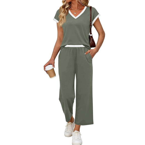 Womens 2 Piece Sets Fall Outfits Lounge Set V Neck Wide Leg Pants Matching Sets, for Work and Casual with Pockets
