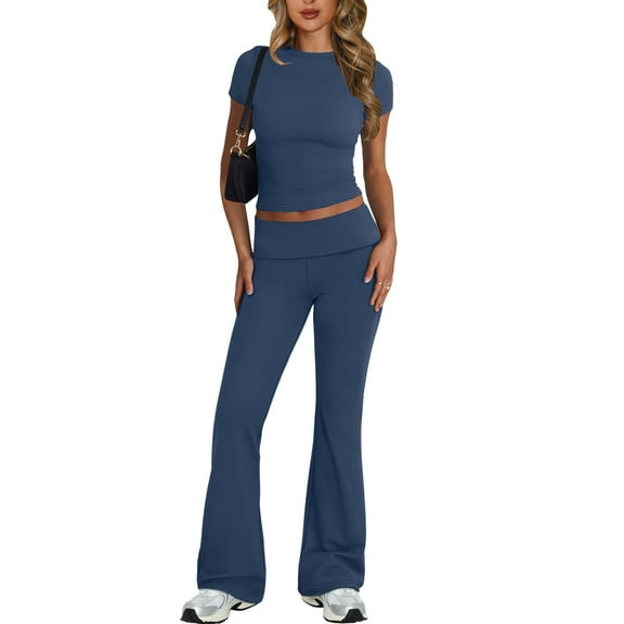 Womens 2 Piece Sets Fold Over Flare Pants Set Long Sleeve Cropped Top Casual Outfits Pajamas Bridal Jumpsuit Meow Romper Sweater Suits Luge Suit Pant Suits for Women Dressy Wedding Guest Petite Formal