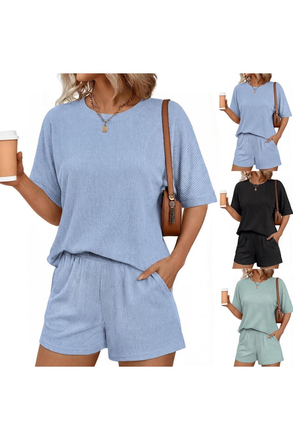 Womens 2 Piece Sets Ribbed Textured Casual Short Sleeve Shirts Shorts Two Piece Lounge Matching Set Black L