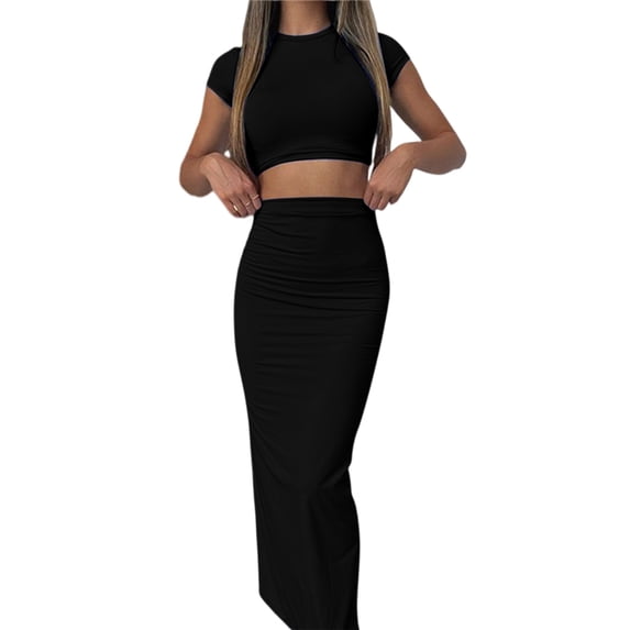 Womens 2 Piece Sets Short Sleeve Crewneck Cropped Top Bodycon Maxi Skirt Outfit