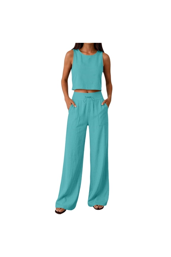 Womens 2 Piece Sets Sleeveless Crop Tank Tops With Wide Leg Pants Casual Summer Linen Sets 2026 M