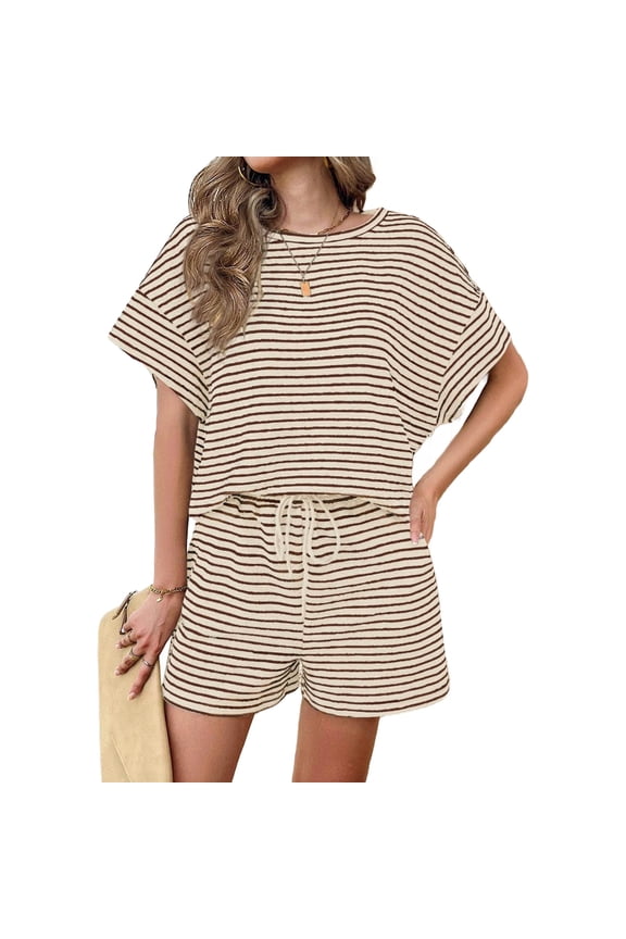 Womens 2 Piece Sets Summer Lounge Sets Striped Short Sleeve Oversized T Shirts Drawstring Shorts Matching Set