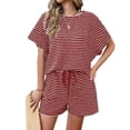 thumbnail image 1 of Womens 2 Piece Sets Summer Lounge Sets Striped Short Sleeve Oversized T Shirts Drawstring Shorts Matching Set, 1 of 7