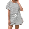 thumbnail image 1 of Womens 2 Piece Sets Summer Lounge Sets Striped Short Sleeve Oversized T Shirts Drawstring Shorts Matching Set, 1 of 5