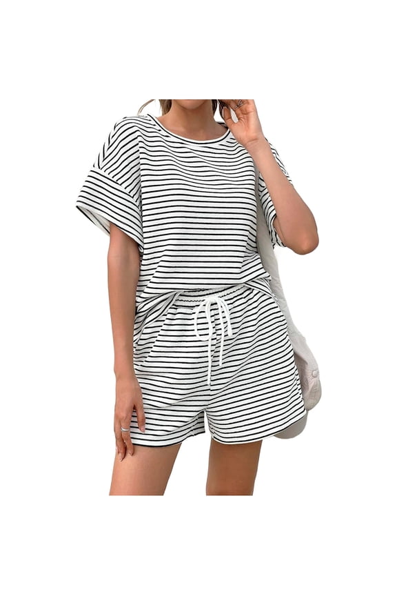 Womens 2 Piece Sets Summer Lounge Sets Striped Short Sleeve Oversized T Shirts Drawstring Shorts Matching Set