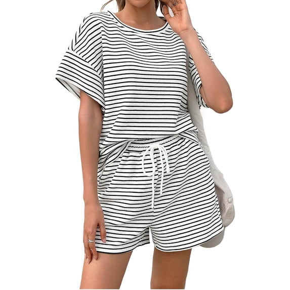 Womens 2 Piece Sets Summer Lounge Sets Striped Short Sleeve Oversized T Shirts Drawstring Shorts Matching Set
