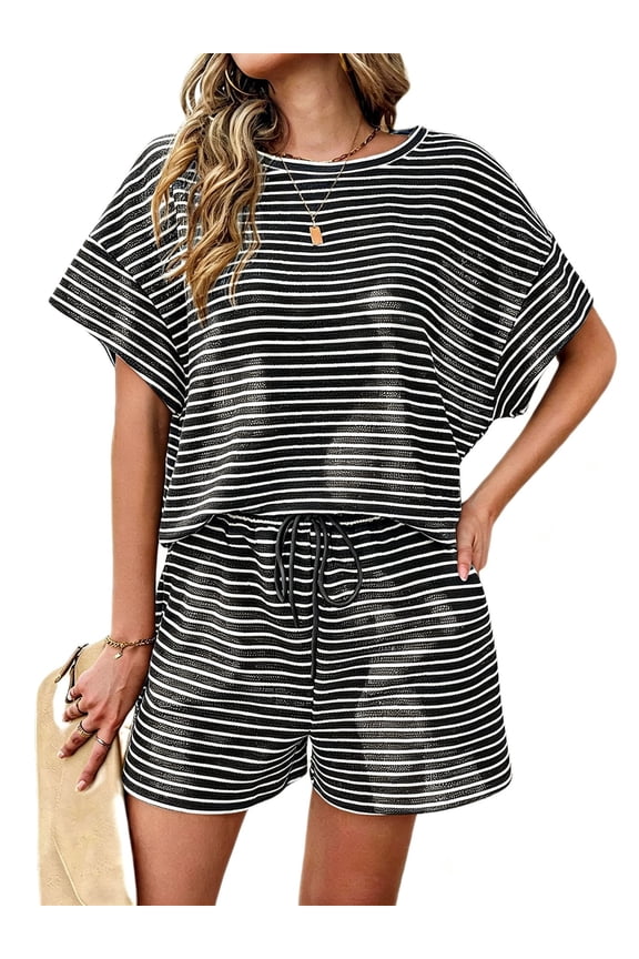 Womens 2 Piece Sets Summer Lounge Sets Striped Short Sleeve Oversized T Shirts Drawstring Shorts Matching Set