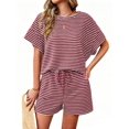 thumbnail image 1 of Womens 2 Piece Sets Summer Lounge Sets Striped Short Sleeve Oversized T Shirts Drawstring Shorts Matching Set, 1 of 5