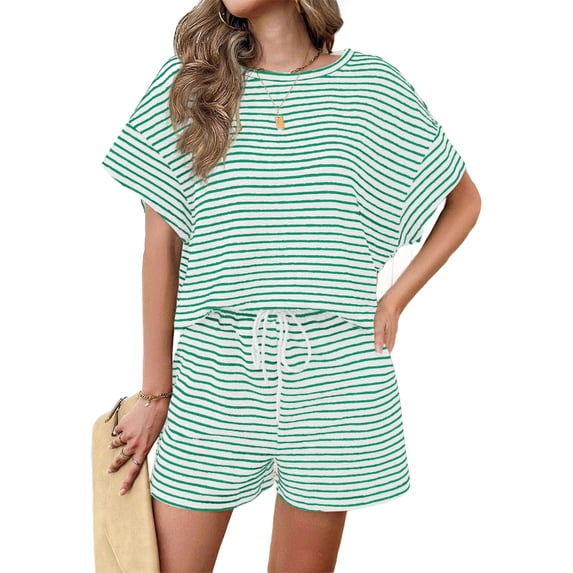 Womens 2 Piece Sets Summer Lounge Sets Striped Short Sleeve Oversized T Shirts Drawstring Shorts Matching Set